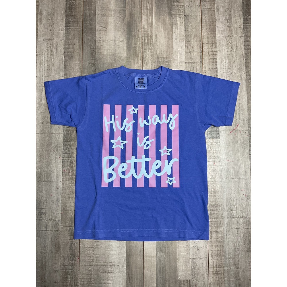 Comfort Colors Youth Medium His Way Is Better Blue Graphic T-Shirt Christian